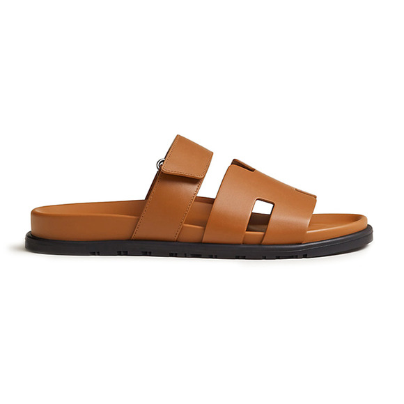 Hermes Chypre Sandal Mens Naturel Brown Gold Leather H Logo Slide Flat 45 12 - Picture 3 of 13
